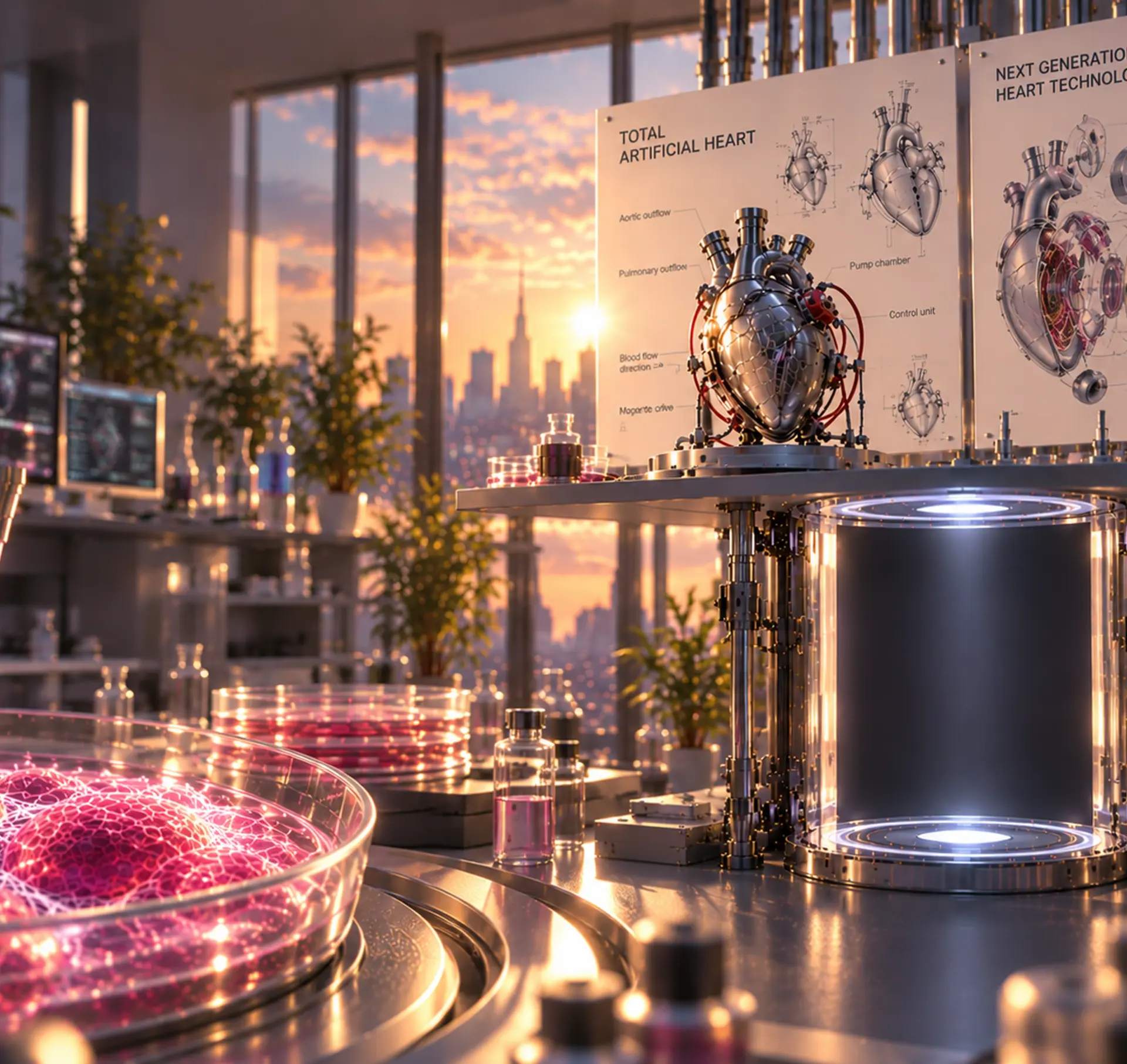 Biomedical laboratory with an artificial heart prototype, cardiac tissue and a research cylinder at sunset
